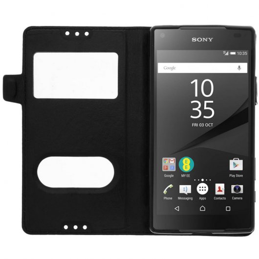 Avizar Funda Libro con Doble Ventana Negra para Sony Xperia Z5 Compact