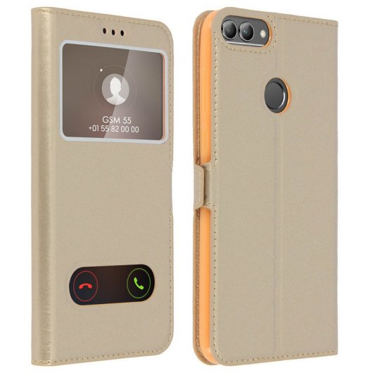 Avizar Funda Tipo Folio con Doble Ventana Dorada para Huawei P Smart