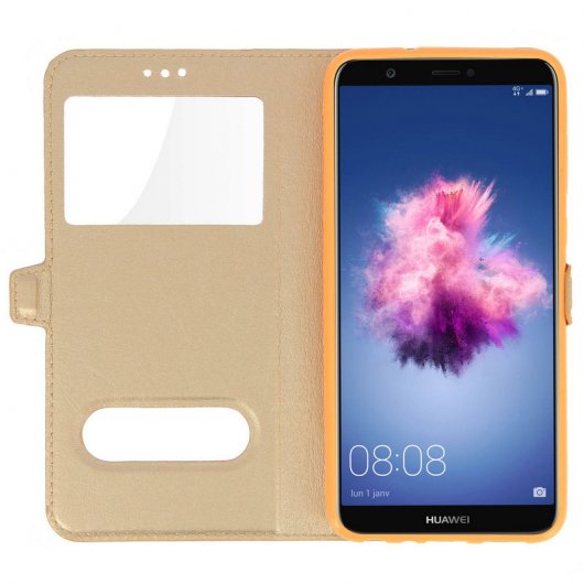 Avizar Funda Tipo Folio con Doble Ventana Dorada para Huawei P Smart