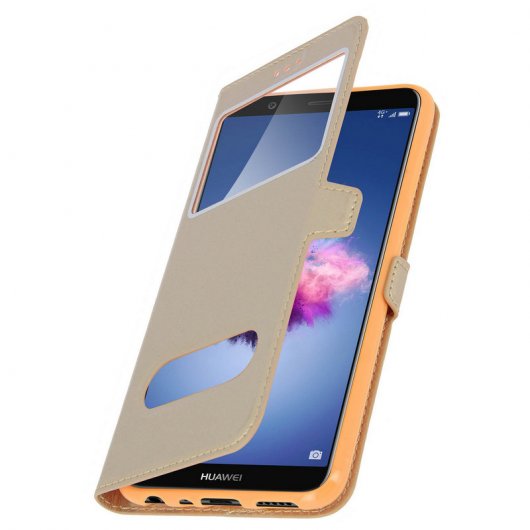 Avizar Funda Tipo Folio con Doble Ventana Dorada para Huawei P Smart
