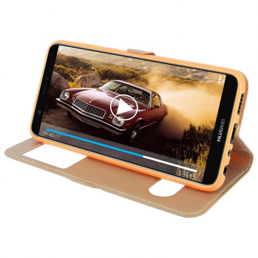 Avizar Funda Tipo Folio con Doble Ventana Dorada para Huawei P Smart