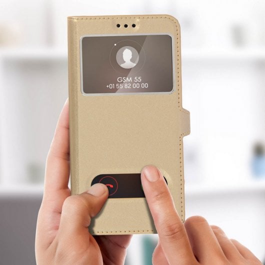 Avizar Funda Tipo Folio con Doble Ventana Dorada para Huawei P Smart
