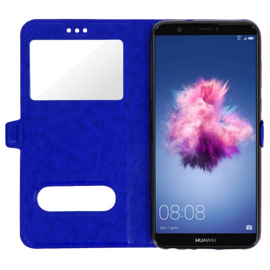 Avizar Funda Tipo Folio con Doble Ventana Azul para Huawei P Smart