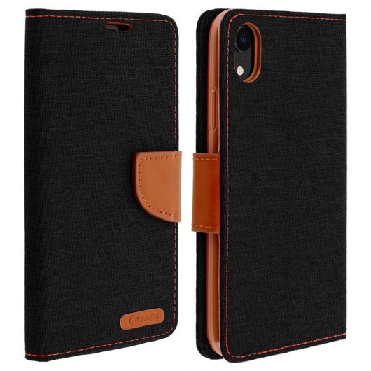Avizar Canvas Capa Livro Têxtil Preta/Castanha para Apple iPhone XR