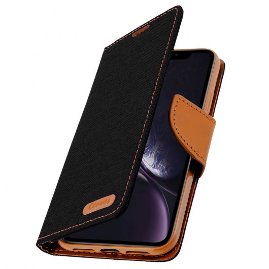 Avizar Canvas Capa Livro Têxtil Preta/Castanha para Apple iPhone XR