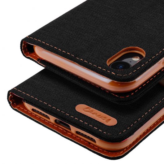 Avizar Canvas Capa Livro Têxtil Preta/Castanha para Apple iPhone XR