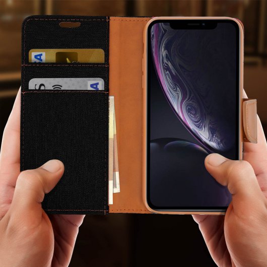 Avizar Canvas Capa Livro Têxtil Preta/Castanha para Apple iPhone XR