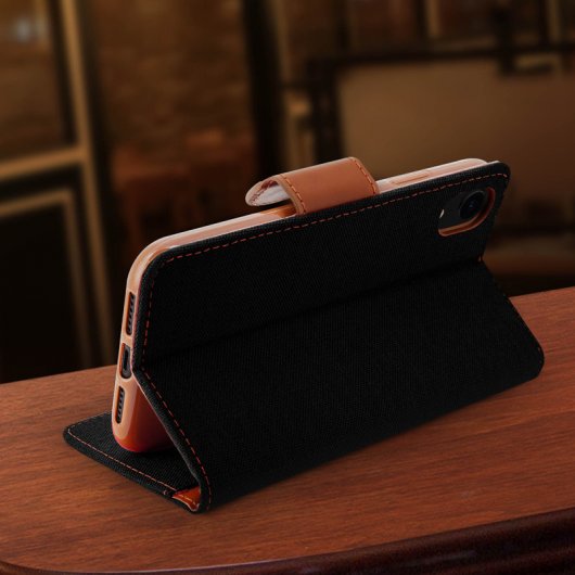 Avizar Canvas Capa Livro Têxtil Preta/Castanha para Apple iPhone XR