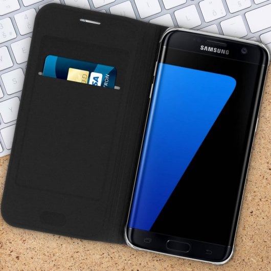 Avizar Flip Book Cover Funda Cartera Negra para Samsung Galaxy S7 Edge