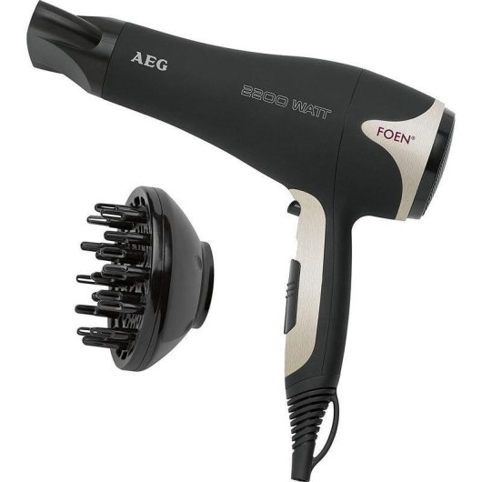 Secador de Cabelo Profissional Iónico AEG HTD 5595 2200W 3 Temperaturas 2 Velocidades com Difusor Preto Prata