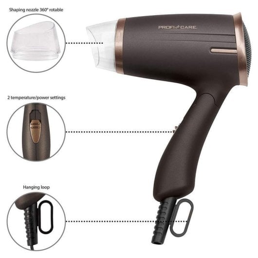 Sèche-cheveux de Voyage Pliable ProfiCare HT 3009 1400W 2 Températures 2 Vitesses Marron