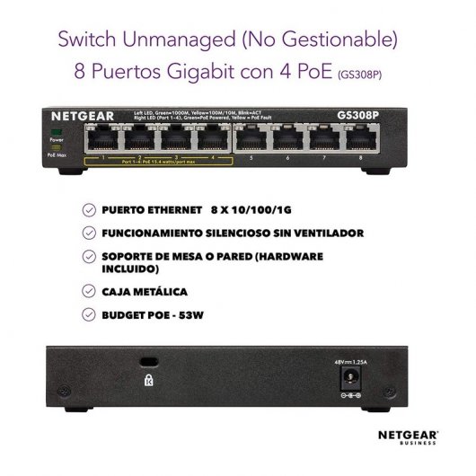 Netgear GS308P-100PES Switch No Administrado 8 Puertos L3 Gigabit Ethernet PoE
