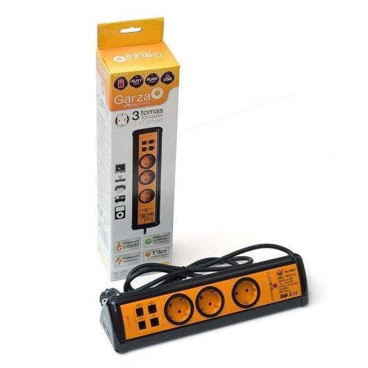 Garza Office Power Regleta 3 Tomas + 2 USB + RJ11 + RJ45 Naranja
