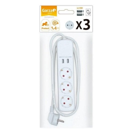 Multiprise Garza Home Power 3 Prises 2 USB avec Protection enfants câble 1,4 m