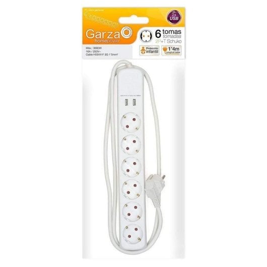 Garza Home Power Regleta 6 Tomas + 2 USB