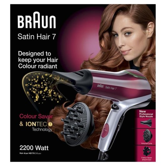 Sèche-cheveux Ionique Professionnel Braun Satin Hair 7 HD 770 2200W 3 Températures 2 Vitesses Accessoires Noir Rouge