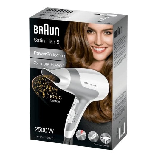 Ionen Föhn Braun Satin Hair 5 HD 580 2500W 3 Temperaturstufen 2 Geschwindigkeiten Kaltstufe Weiß