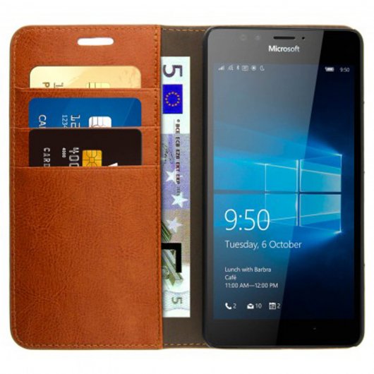 Avizar Funda Billetera de Cuero Marrón para Nokia Lumia 950