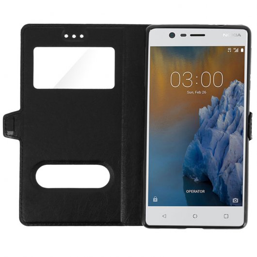 Funda Libro de Silicona Negra con Doble Ventana para Nokia 3