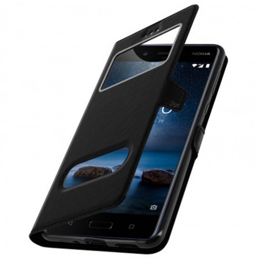 Funda Libro de Silicona Negra con Doble Ventana para Nokia 8