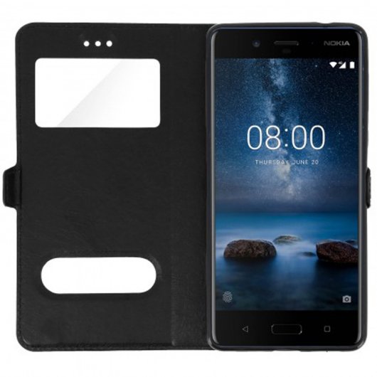 Funda Libro de Silicona Negra con Doble Ventana para Nokia 8