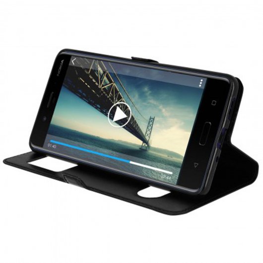 Funda Libro de Silicona Negra con Doble Ventana para Nokia 8