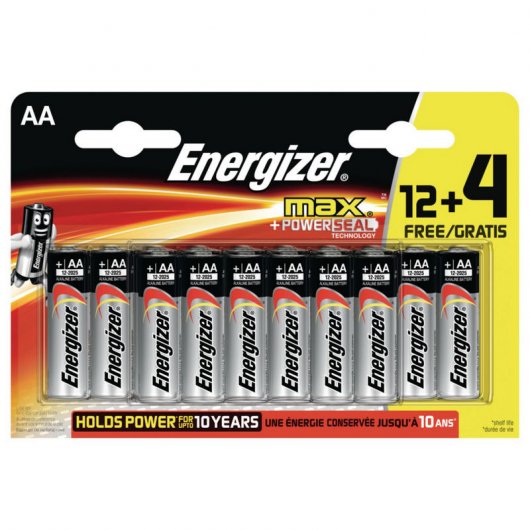 Piles alcalines AA Energizer Max Powerseal LR6 12+4 unités