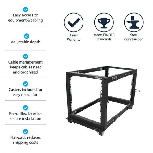 StarTech.com Server Rack a 4 Montanti 12U Open Frame, Armadio Rack di Rete 19" con Ruote, piedini di livellamento/montaggio a pavimento, Quadro Rack Scorrevole/profondità regolabile per apparecchiature AV/Dati/IT