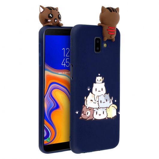 Avizar Funda Protectora de Silicona color Azul con Gatito para Samsung J6 Plus