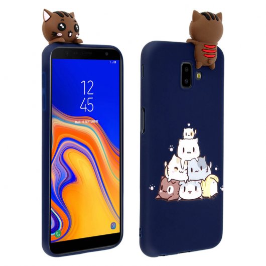 Avizar Funda Protectora de Silicona color Azul con Gatito para Samsung J6 Plus