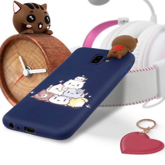 Avizar Funda Protectora de Silicona color Azul con Gatito para Samsung J6 Plus