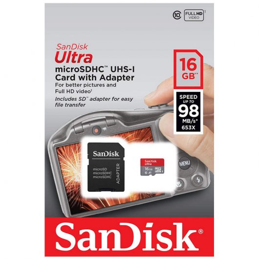 SanDisk Ultra MicroSDHC 16GB Clase 10 A1 UHS-I + Adaptador SD