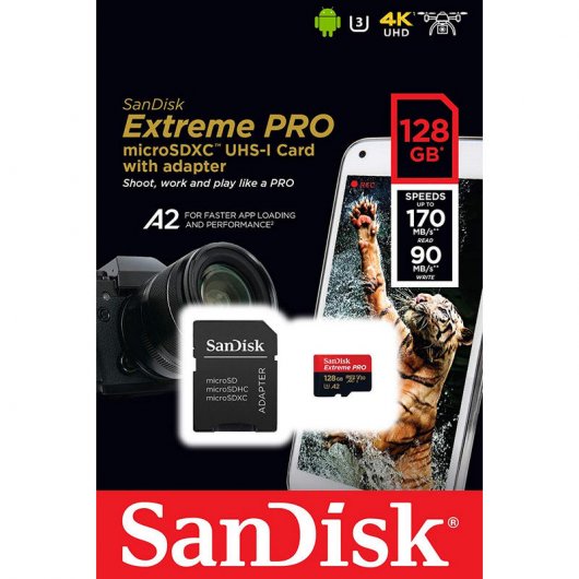 SanDisk Extreme Pro MicroSDXC 128 Go Classe 10 U3 V30 A2 + Adaptateur SD