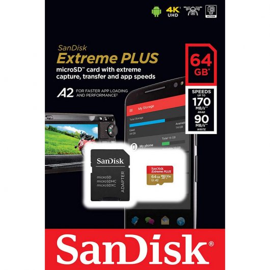 SanDisk Extreme Plus MicroSDXC 64GB Clase 10 U3 V30 A2 + Adaptador SD