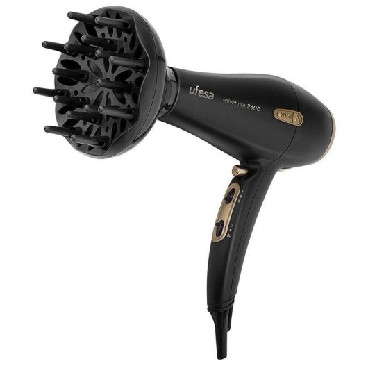 Secador de Cabelo Profissional Iónico Ufesa SC8450 Velvet Pro 2400W 3 Temperaturas 2 Velocidades com Difusor Preto