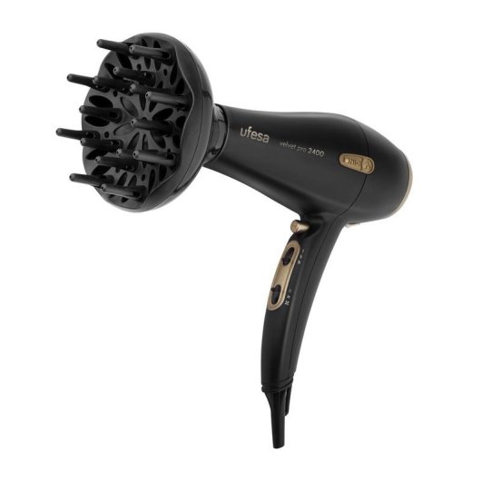 Secador de Cabelo Profissional Iónico Ufesa SC8450 Velvet Pro 2400W 3 Temperaturas 2 Velocidades com Difusor Preto