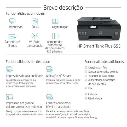 Multifunções HP Smart Tank Plus 655 Jato de Tinta Color WiFi Fax ADF Tanque Inclusivo