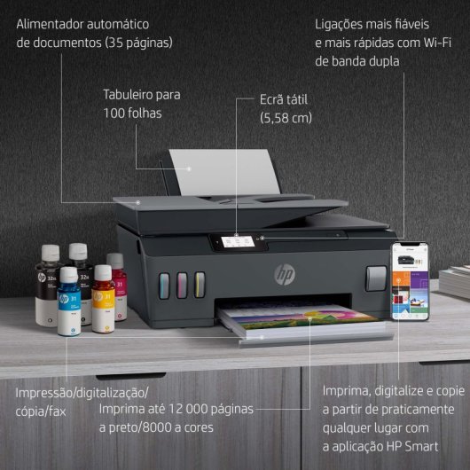 Multifunções HP Smart Tank Plus 655 Jato de Tinta Color WiFi Fax ADF Tanque Inclusivo