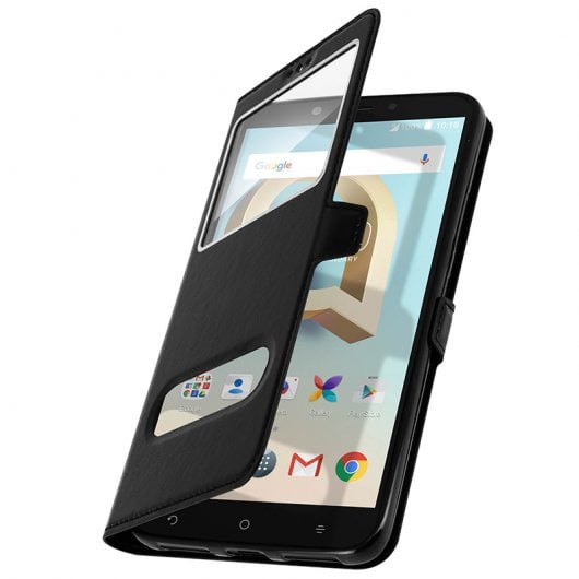 Avizar Funda Protectora Negra Tipo Libro de Silicona con Doble Ventana para Alcatel A7 XL