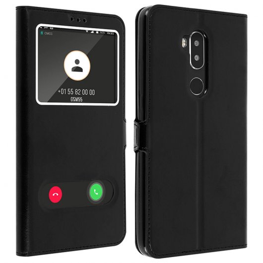 Avizar Funda Protectora Negra Tipo Libro de Silicona con Doble Ventana para Alcatel A7 XL