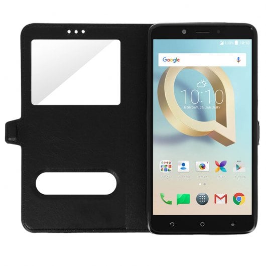 Avizar Funda Protectora Negra Tipo Libro de Silicona con Doble Ventana para Alcatel A7 XL