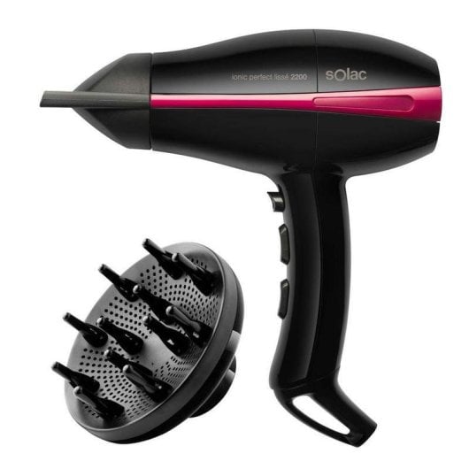 Secador de Cabelo Iónico Profissional Solac Ionic Perfect Lissé 2200 2200W 3 Temperaturas 2 Velocidades com Difusor e Concentrador Preto/Rosa