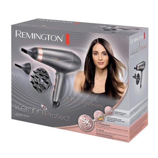 Professioneller Föhn Remington Keratin Protect AC8820 2200W 3 Temperaturstufen 2 Geschwindigkeiten Ionen-Technologie Diffusor Silber