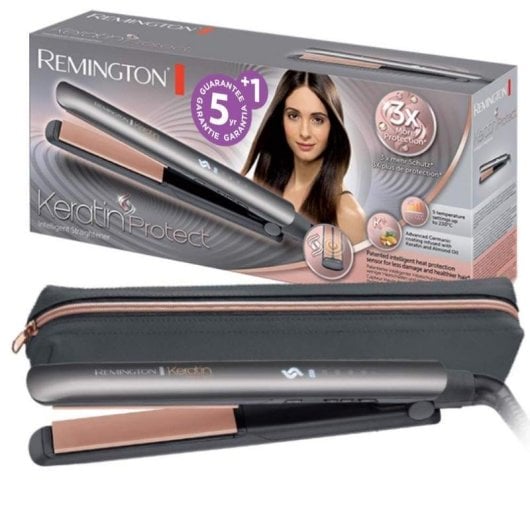 Prancha de Cabelo Cerâmica Remington Keratin Protect S8598 230ºC 5 Definições Queratina Desligar Automático Visor Cinzento