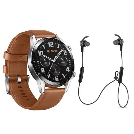 Huawei Watch GT 2 Bluetooth GPS 46mm AMOLED Castanho Caixa Prateada Correa Pele Resistente 5ATM