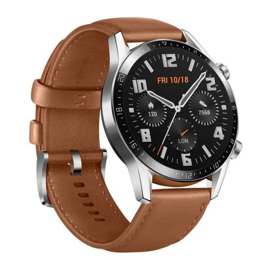 Huawei Watch GT 2 Bluetooth GPS 46mm AMOLED Castanho Caixa Prateada Correa Pele Resistente 5ATM