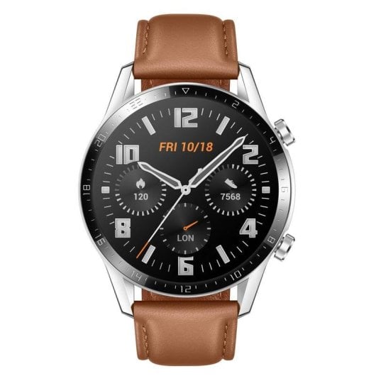 Huawei Watch GT 2 Bluetooth GPS 46mm AMOLED Castanho Caixa Prateada Correa Pele Resistente 5ATM