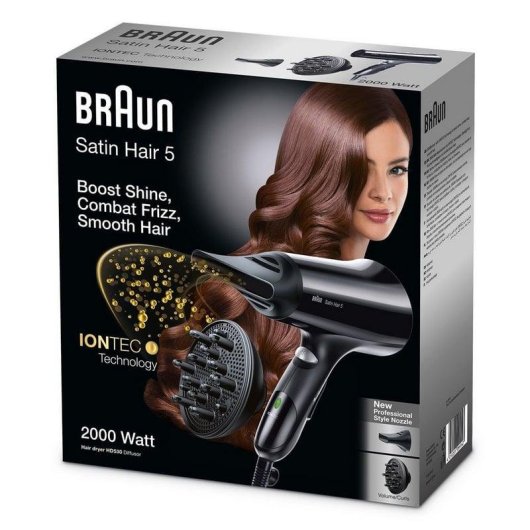 Secador de Cabelo Iónico com Difusor Braun HD530 Satin Hair 5 1900W 3 Temperaturas 2 Velocidades Preto