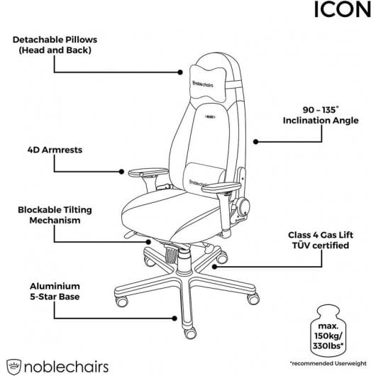 Noblechairs Icon Chaise de jeu en cuir PU Noir/Or