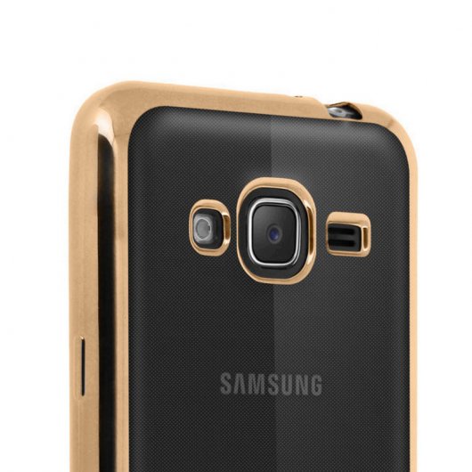 Avizar Funda Protectora de Silicona Transparente con Bordes Dorados para Samsung Galaxy J3